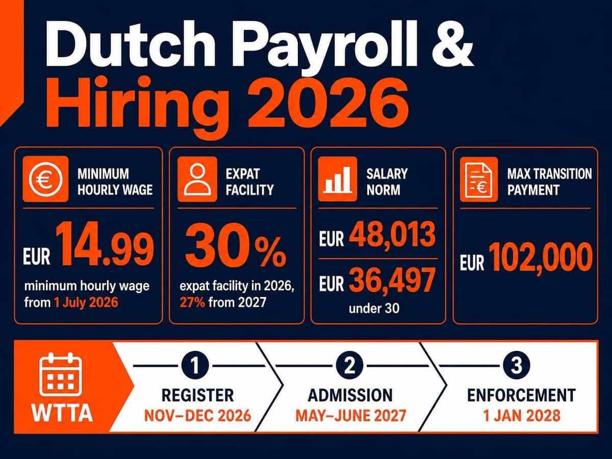 Nederlandse payroll en werving 2026: minimumloon, expatfaciliteit, salarisnormen en Wtta-tijdlijn